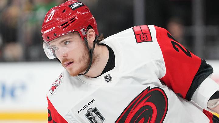Jun 9, 2026; Las Vegas, Nevada, USA; Carolina Hurricanes defenseman Alexander Nikishin (21) warms up before game four of the 2026 Stanley Cup Final against the Vegas Golden Knights at T-Mobile Arena. Mandatory Credit: Lucas Peltier-Imagn Images Jun 9, 2026; Las Vegas, Nevada, USA; Carolina Hurricanes defenseman Alexander Nikishin (21) warms up before game four of the 2026 Stanley Cup Final against the Vegas Golden Knights at T-Mobile Arena. Mandatory Credit: Lucas Peltier-Imagn Images