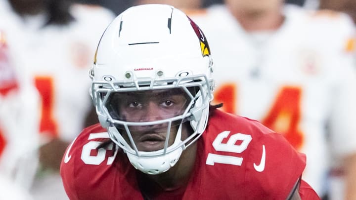 Aug 9, 2025; Glendale, Arizona, USA; Arizona Cardinals cornerback Max Melton (16) against the Kansas City Chiefs during a preseason NFL game at State Farm Stadium. Mandatory Credit: Mark J. Rebilas-Imagn Images