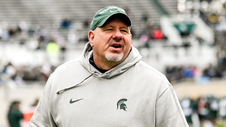 Michigan State offensive line coach Jim Michalczik works with players during the Spring Showcase on Saturday, April 20, 2024, at Spartan Stadium in East Lansing.