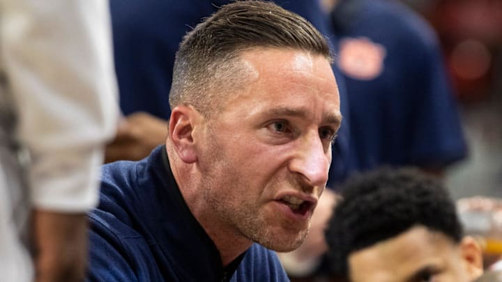 Auburn Tigers head coach Steven Pearl talks with his team during a timeout as Auburn Tigers take on Texas A&M Aggies at Neville Arena in Auburn, Ala. on Tuesday, Jan. 6, 2026. Texas A&M Aggies defeated Auburn Tigers 90-88.