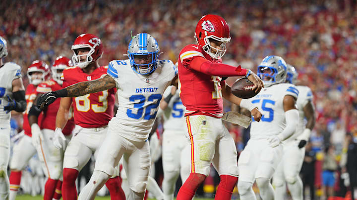 Chiefs quarterback Patrick Mahomes seemed to share a moment with Lions' Brian Branch after running in for a touchdown in Sunday night's win.