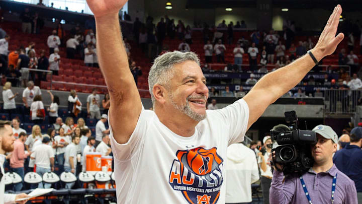 Auburn Tigers head coach Bruce Pearl acknowledges the crowd after the game as Auburn Tigers men's basketball takes on Texas A&M Aggies at Auburn Arena in Auburn, Ala., on Saturday, Feb. 12, 2022. Auburn Tigers defeated Texas A&M Aggies 75-58. Auburn Tigers head coach Bruce Pearl acknowledges the crowd after the game as Auburn Tigers men's basketball takes on Texas A&M Aggies at Auburn Arena in Auburn, Ala., on Saturday, Feb. 12, 2022. Auburn Tigers defeated Texas A&M Aggies 75-58.