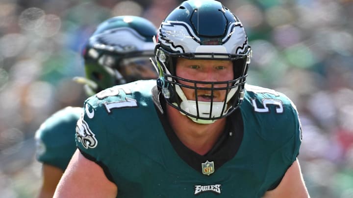 Philadelphia Eagles center Cam Jurgens (51) blocks a defender.