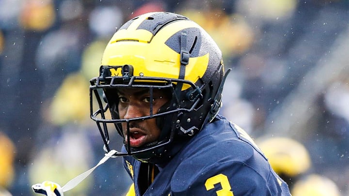 Michigan wide receiver Fredrick Moore (3) warms up before the Indiana game at Michigan Stadium in Ann Arbor on Saturday, Oct. 14, 2023.