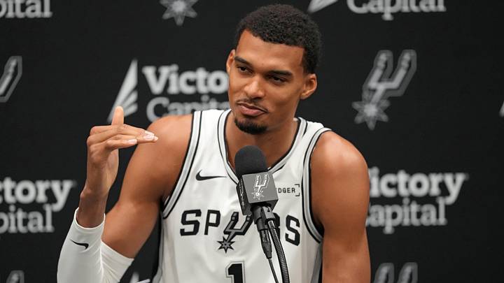 Sep 29, 2025; San Antonio, TX, USA; San Antonio Spurs forward-center Victor Wembanyama (1) answers questions from the media during Media Day at Victory Capital Performance Center in San Antonio. Mandatory Credit: Scott Wachter-Imagn Images