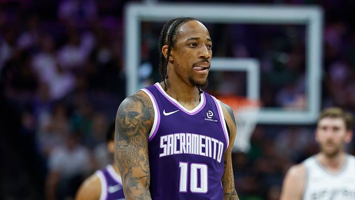 Mar 17, 2026; Sacramento, California, USA; Sacramento Kings guard DeMar DeRozan (10) walks back to the court during the first quarter against the San Antonio Spurs at Golden 1 Center. Mar 17, 2026; Sacramento, California, USA; Sacramento Kings guard DeMar DeRozan (10) walks back to the court during the first quarter against the San Antonio Spurs at Golden 1 Center.