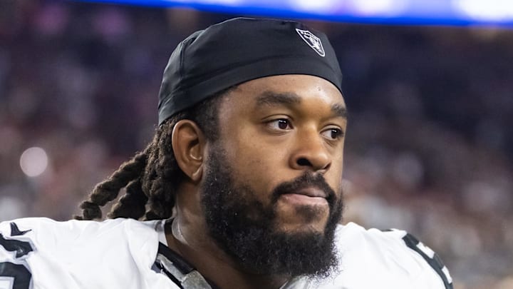 Aug 23, 2025; Glendale, Arizona, USA; Las Vegas Raiders guard Dylan Parham (66) against the Arizona Cardinals during a preseason NFL game at State Farm Stadium. Mandatory Credit: Mark J. Rebilas-Imagn Images