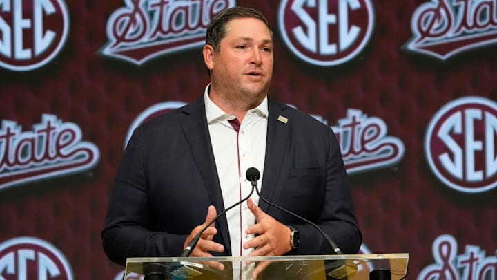 Mississippi State head coach Jeff Lebby speaks in the Main Media Room during SEC Media Days at the College Football Hall of Fame in Atlanta.