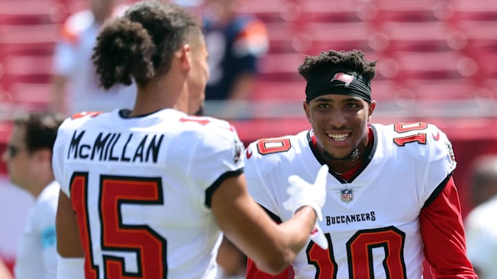 Sep 22, 2024; Tampa, Florida, USA;  Tampa Bay Buccaneers wide receiver Trey Palmer (10) and wide receiver Jalen McMillan (15) workout prior the game against the Denver Broncos at Raymond James Stadium. Mandatory Credit: Kim Klement Neitzel-Imagn Images