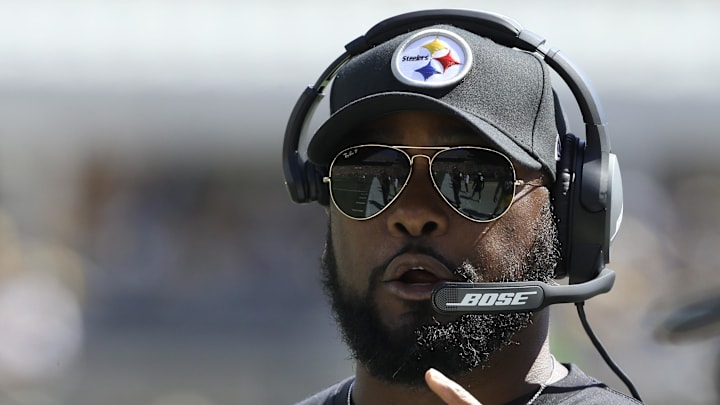 Sep 19, 2021; Pittsburgh, Pennsylvania, USA;  Pittsburgh Steelers head coach Mike Tomlin reacts on the sidelines against the Las Vegas Raiders during the second quarter at Heinz Field. Mandatory Credit: Charles LeClaire-Imagn Images
