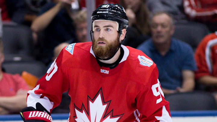 Sep 21, 2016; Toronto, Ontario, Canada; Team Canada center Ryan O'Reilly (90) during preliminary round play in the 2016 World Cup of Hockey against Team Europe at Air Canada Centre. Mandatory Credit: Kevin Sousa-Imagn Images