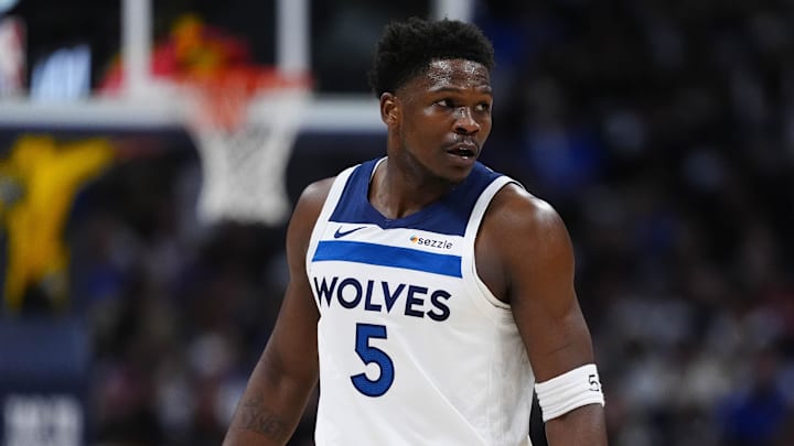 Apr 20, 2026; Denver, Colorado, USA; Minnesota Timberwolves guard Anthony Edwards (5) during the first quarter against the Denver Nuggets during game two of the first round of the 2026 NBA Playoffs at Ball Arena.