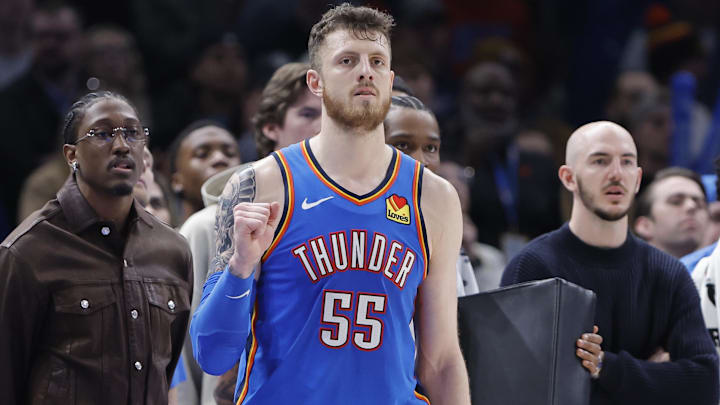 Feb 22, 2026; Oklahoma City, Oklahoma, USA; Oklahoma City Thunder center/forward Isaiah Hartenstein (55) reacts after watching his team in a defensive play against the Cleveland Cavaliers during the second half at Paycom Center. Mandatory Credit: Alonzo Adams-Imagn Images