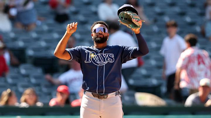 Jun 14, 2026; Anaheim, California, USA;  Tampa Bay Rays third baseman Junior Caminero (13) reacts after defeating the Los Angeles Angels 8-3 at Angel Stadium. 