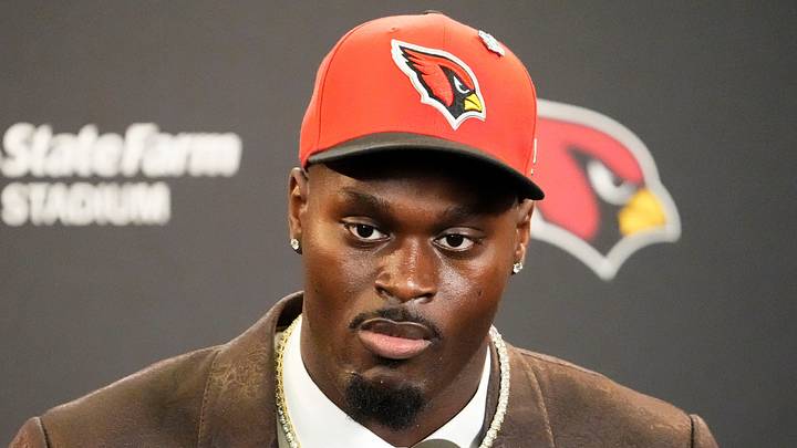 The Arizona Cardinals introduce their first-round draft pick running back Jeremiyah Love during a news conference at the Cardinals Dignity Health training facility on April 24, 2026, in Tempe, Ariz.