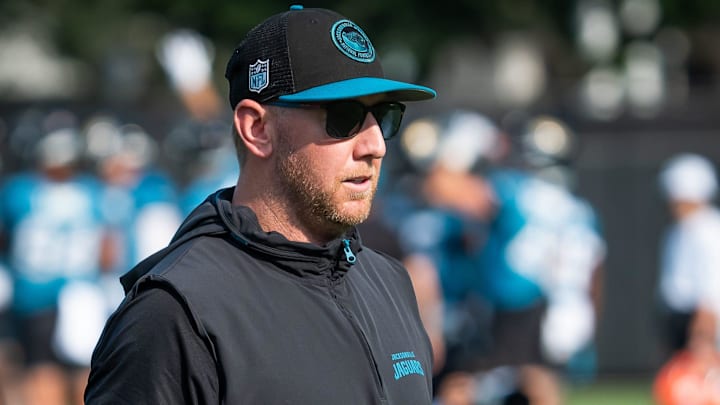 Jacksonville Jaguars head coach Liam Coen watches drills during the seventh organized team activity at the Miller Electric Center in Jacksonville, Fla. Monday, June 2, 2025. [Doug Engle/Florida Times-Union]