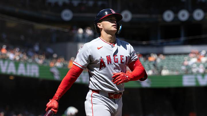 Jul 26, 2026; San Francisco, California, USA; Los Angeles Angels catcher Logan O'Hoppe (14) reacts to striking out against the San Francisco Giants during the seventh inning at Oracle Park. Mandatory Credit: D. Ross Cameron-Imagn Images