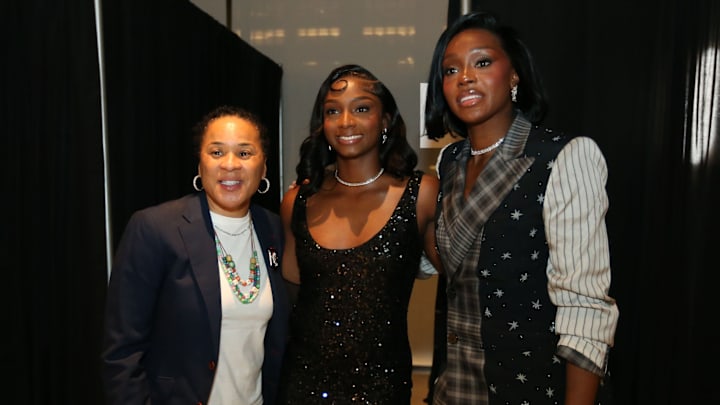 Dawn Staley celebrated her South Carolina players Ta'Niya Latson and Raven Johnson being drafted in 2026.