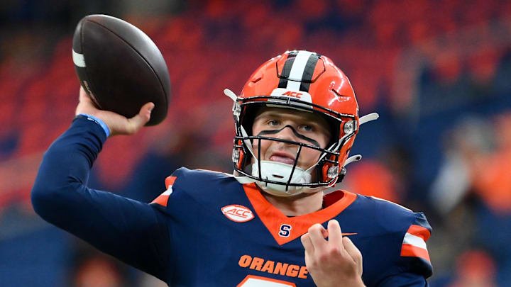 Aug 31, 2024; Syracuse, New York, USA; Syracuse Orange quarterback Kyle McCord (6) warms up prior to a game against the Ohio Bobcats at the JMA Wireless Dome. Mandatory Credit: Rich Barnes-Imagn Images Aug 31, 2024; Syracuse, New York, USA; Syracuse Orange quarterback Kyle McCord (6) warms up prior to a game against the Ohio Bobcats at the JMA Wireless Dome. Mandatory Credit: Rich Barnes-Imagn Images
