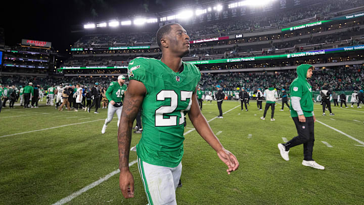 Nov 3, 2024; Philadelphia, Pennsylvania, USA; Philadelphia Eagles cornerback Quinyon Mitchell (27) walks off the field after a victory against the Jacksonville Jaguars at Lincoln Financial Field. Mandatory Credit: Bill Streicher-Imagn Images