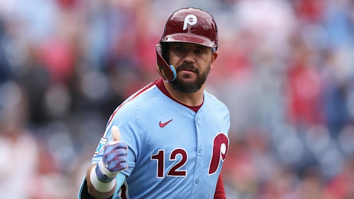 May 29, 2025; Philadelphia, Pennsylvania, USA; Philadelphia Phillies outfielder Kyle Schwarber (12) reacts after hitting a home run during the seventh inning against the Atlanta Braves at Citizens Bank Park. 
