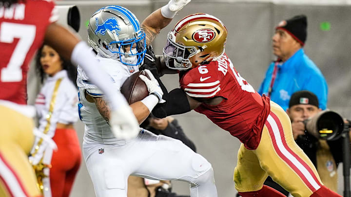 Detroit Lions running back Craig Reynolds (13) is tackled by San Francisco 49ers safety Malik Mustapha (6) during the first half at Levi's Stadium in Santa Clara, Calif. on Monday, Dec. 30, 2024. Detroit Lions running back Craig Reynolds (13) is tackled by San Francisco 49ers safety Malik Mustapha (6) during the first half at Levi's Stadium in Santa Clara, Calif. on Monday, Dec. 30, 2024.