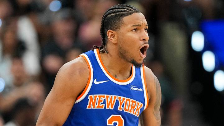 Jun 5, 2026; San Antonio, Texas, USA; New York Knicks guard Miles McBride (2) celebrates during the fourth quarter during game two of the 2026 NBA Finals at Frost Bank Center. Mandatory Credit: Scott Wachter-Imagn Images