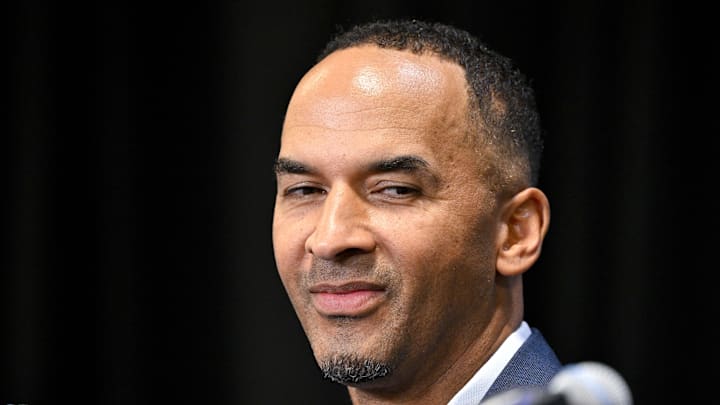 Jun 27, 2025; Dallas, TX, USA; Dallas Mavericks general manager Nico Harrison speaks to the media at the Dallas Mavericks Practice Facility. Mandatory Credit: Jerome Miron-Imagn Images