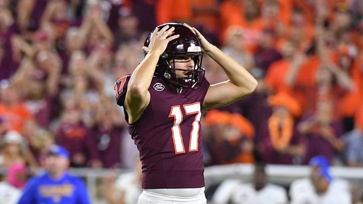 Virginia Tech kicker John Love reacts after missing a potential game-winning field goal on the final play in the loss to Pitt