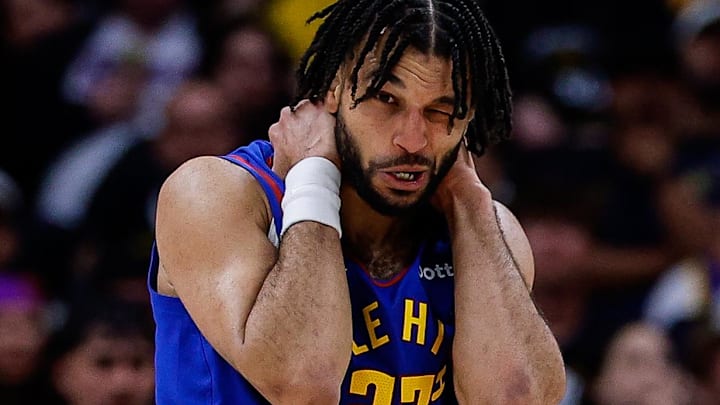 Mar 29, 2026; Denver, Colorado, USA; Denver Nuggets guard Jamal Murray (27) holds his neck after a play in the fourth quarter against the Golden State Warriors at Ball Arena. Mandatory Credit: Isaiah J. Downing-Imagn Images