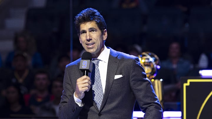 Feb 23, 2025; San Francisco, California, USA; Former Golden State Warriors general manager Bob Myers talks during the Andre Iguodala jersey retirement ceremony at Chase Center. Mandatory Credit: John Hefti-Imagn Images