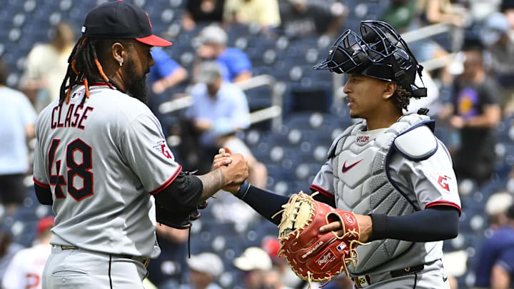 May 7, 2025; Washington, District of Columbia, USA; Cleveland Guardians relief pitcher Emmanuel Clase (48) is congratulated by catcher Bo Naylor (23) after earning a save against the Washington Nationals at Nationals Park. Mandatory Credit: Brad Mills-Imagn Images May 7, 2025; Washington, District of Columbia, USA; Cleveland Guardians relief pitcher Emmanuel Clase (48) is congratulated by catcher Bo Naylor (23) after earning a save against the Washington Nationals at Nationals Park. Mandatory Credit: Brad Mills-Imagn Images