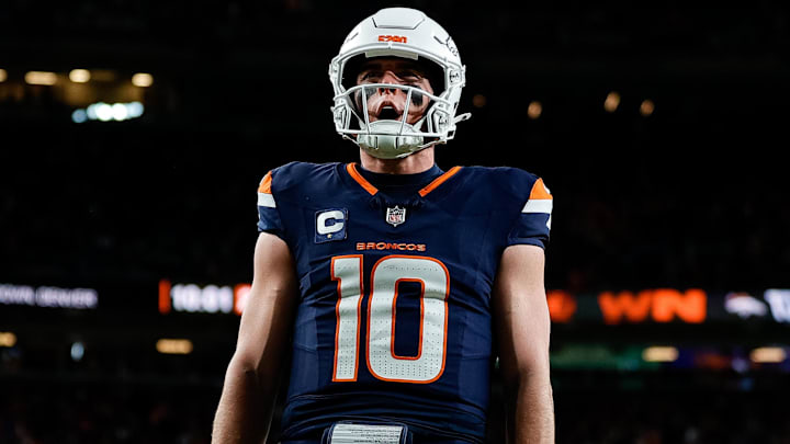 Dec 2, 2024; Denver, Colorado, USA; Denver Broncos quarterback Bo Nix (10) reacts after a play in the third quarter against the Cleveland Browns at Empower Field at Mile High. 