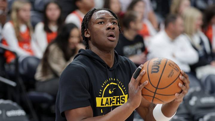 Dec 18, 2025; Salt Lake City, Utah, USA;  Los Angeles Lakers guard Adou Thiero (1) warms up before a game against the Utah Jazz at Delta Center. Mandatory Credit: Chris Nicoll-Imagn Images