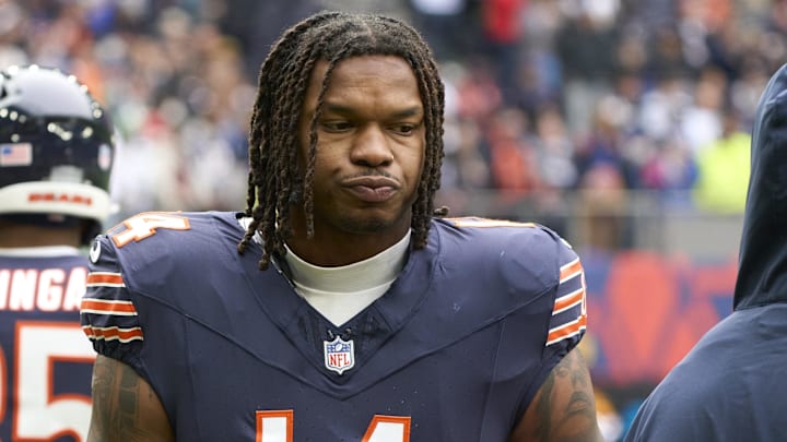 Oct 13, 2024; London, United Kingdom; Chicago Bears tight end Gerald Everett (14) during an NFL International Series game at Tottenham Hotspur Stadium. Mandatory Credit: Peter van den Berg-Imagn Images