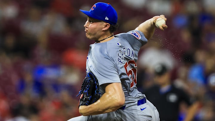 Jul 29, 2024; Cincinnati, Ohio, USA; Chicago Cubs relief pitcher Nate Pearson (56) pitches against the Cincinnati Reds in the eighth inning at Great American Ball Park