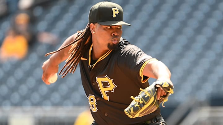Sep 7, 2024; Pittsburgh, Pennsylvania, USA; Pittsburgh Pirates starting pitcher Luis Ortiz (48) throws to the Washington Nationals during the first inning at PNC Park. Mandatory Credit: Philip G. Pavely-Imagn Images