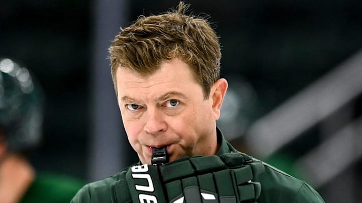 Michigan State's head coach Adam Nightingale blows a whistle in practice during hockey media day on Wednesday, Sept. 27, 2023, at Munn Arena in East Lansing. Michigan State's head coach Adam Nightingale blows a whistle in practice during hockey media day on Wednesday, Sept. 27, 2023, at Munn Arena in East Lansing.