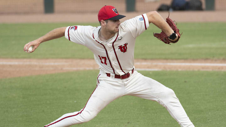Jun 6, 2024; Cary, NC, USA; Tampa Spartans Andrew Carson (17) during the DII Baseball Men's College World Series at USA Baseball National Training Complex. Mandatory Credit: Jeffrey Camarati-Imagn Images
