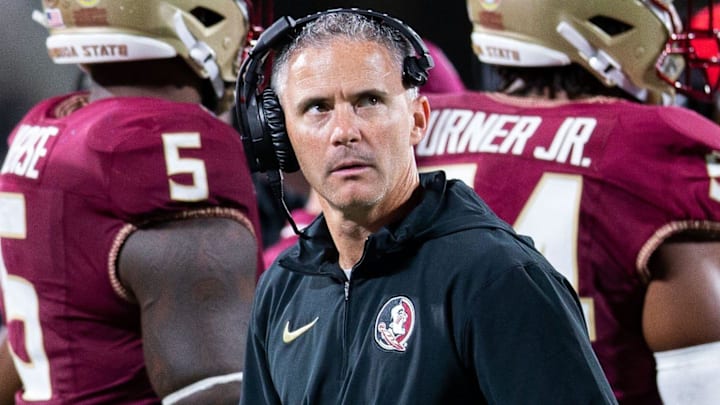 Sep 5, 2023; Orlando, Florida, USA; Florida State Seminoles head coach Mike Norvell leads FSU to the team s first victory of the season with a win over the LSU Tigers at Camping World Stadium on Sunday, Sept. 3, 2023. Mandatory Credit: Alicia Devine-Imagn Images