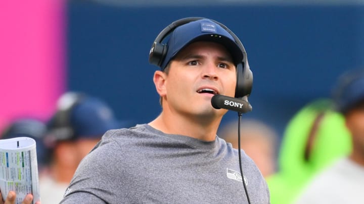Seattle Seahawks head coach Mike Macdonald reacts to a call during the second half.