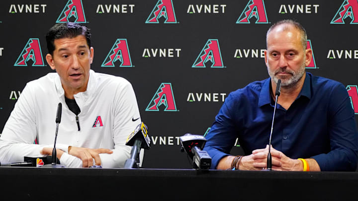 Diamondbacks GM Mike Hazen (left) speaks to the media with Diamondbacks head coach Torey Lovullo after the team was eliminated from playoff contention at Chase Field in Phoenix on Oct. 1, 2024.