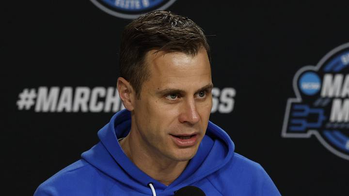 Mar 26, 2026; Washington, DC, USA; Duke Blue Devils head coach Jon Scheyer speaks with the media during a press conference ahead of the east regional of the men's 2026 NCAA Tournament at Capital One Arena. Mandatory Credit: Geoff Burke-Imagn Images