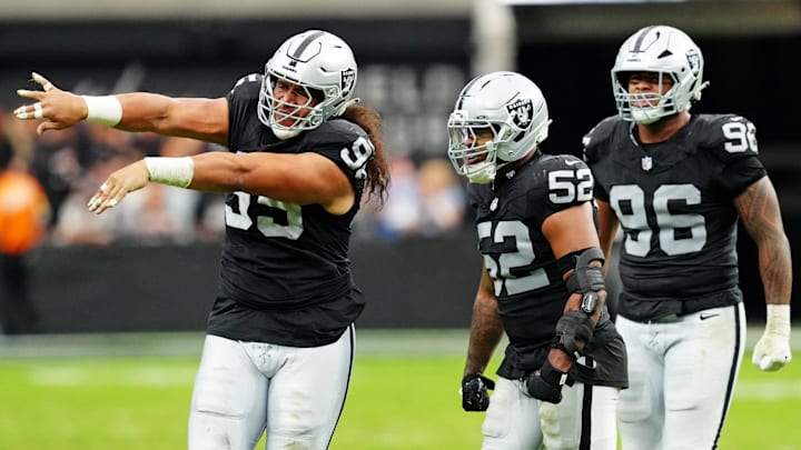 Oct 12, 2025; Paradise, Nevada, USA; Las Vegas Raiders defensive tackle Leki Fotu (95) celebrates after a sack during the second half against the Tennessee Titans at Allegiant Stadium. Mandatory Credit: Stephen R. Sylvanie-Imagn Images Oct 12, 2025; Paradise, Nevada, USA; Las Vegas Raiders defensive tackle Leki Fotu (95) celebrates after a sack during the second half against the Tennessee Titans at Allegiant Stadium. Mandatory Credit: Stephen R. Sylvanie-Imagn Images