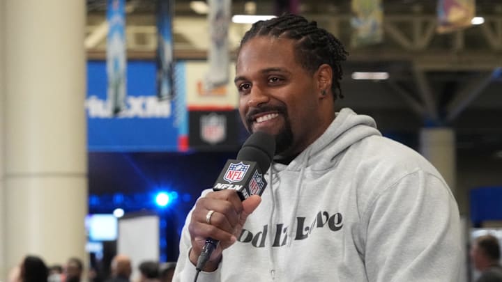 Feb 7, 2025; New Orleans, LA, USA; Gerald McCoy (left) and Cameron Jordan on the NFL Network set on Radio Row at the Super Bowl LIX media center. Mandatory Credit: Kirby Lee-Imagn Images