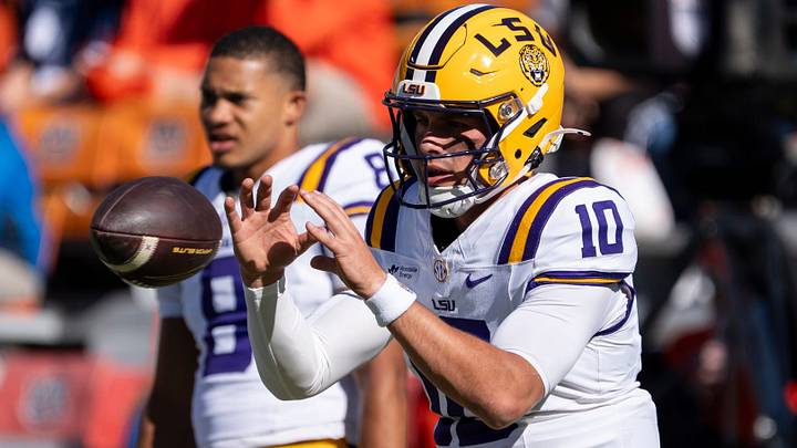 LSU Tigers quarterback Sam Leavitt (10) warms up before Auburn Tigers take on LSU Tigers at Jordan-Hare Stadium in Auburn, Ala. on Saturday, Oct. 24, 2026. LSU Tigers quarterback Sam Leavitt (10) warms up before Auburn Tigers take on LSU Tigers at Jordan-Hare Stadium in Auburn, Ala. on Saturday, Oct. 24, 2026.