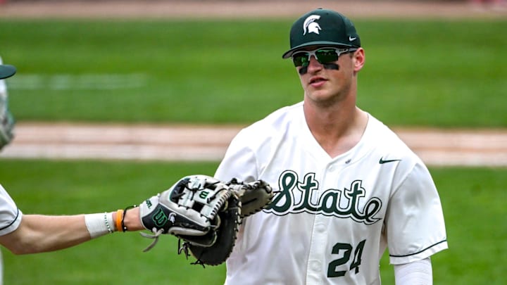 Michigan State's Ohio State's during the seventh inning on Friday, April 18, 2025, at McLane Stadium in East Lansing.