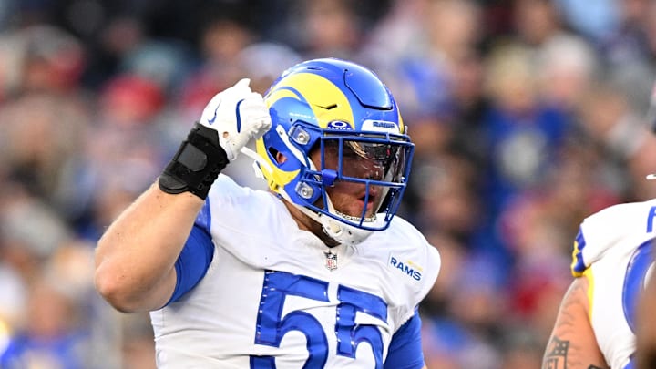 Nov 17, 2024; Foxborough, Massachusetts, USA; Los Angeles Rams defensive tackle Braden Fiske (55) reacts after tackling New England Patriots quarterback Drake Maye (10) during the second half at Gillette Stadium. Mandatory Credit: Brian Fluharty-Imagn Images Nov 17, 2024; Foxborough, Massachusetts, USA; Los Angeles Rams defensive tackle Braden Fiske (55) reacts after tackling New England Patriots quarterback Drake Maye (10) during the second half at Gillette Stadium. Mandatory Credit: Brian Fluharty-Imagn Images