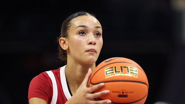 Nov 9, 2025; Charlotte, North Carolina, USA; Southern California Trojans guard Jazzy Davidson (9) makes a free throw against the NC State Wolfpack during the third quarter of the Ally Tipoff game at Spectrum Center. Mandatory Credit: Cory Knowlton-Imagn Images