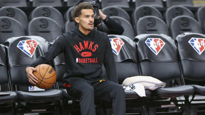 Dec 3, 2021; Atlanta, Georgia, USA; Atlanta Hawks guard Trae Young (11) prepares for a game against the Philadelphia 76ers at State Farm Arena. Mandatory Credit: Brett Davis-Imagn Images
